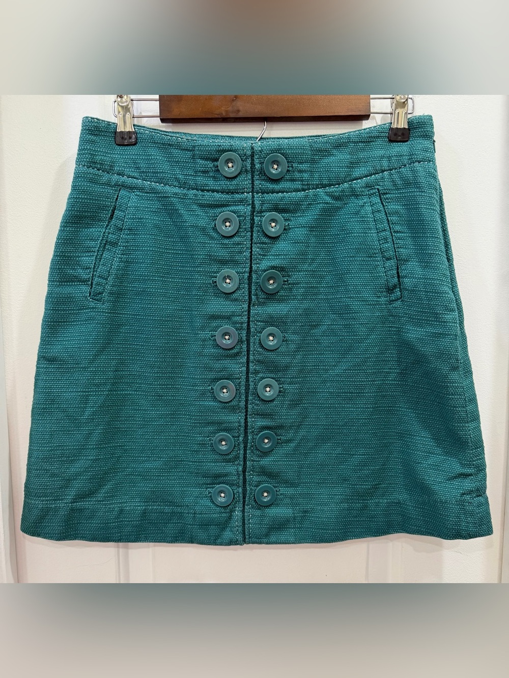 Anthropologie Taikonhu Teal Green Mini Skirt Side Zip Button Details Size 6